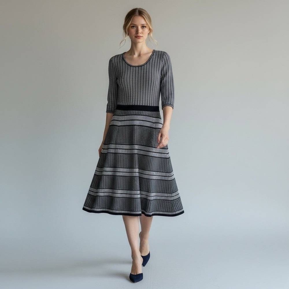 Taylor Textured A-Line Fit Flare Stretch Sweater Dress IX 3/4 Sleeves